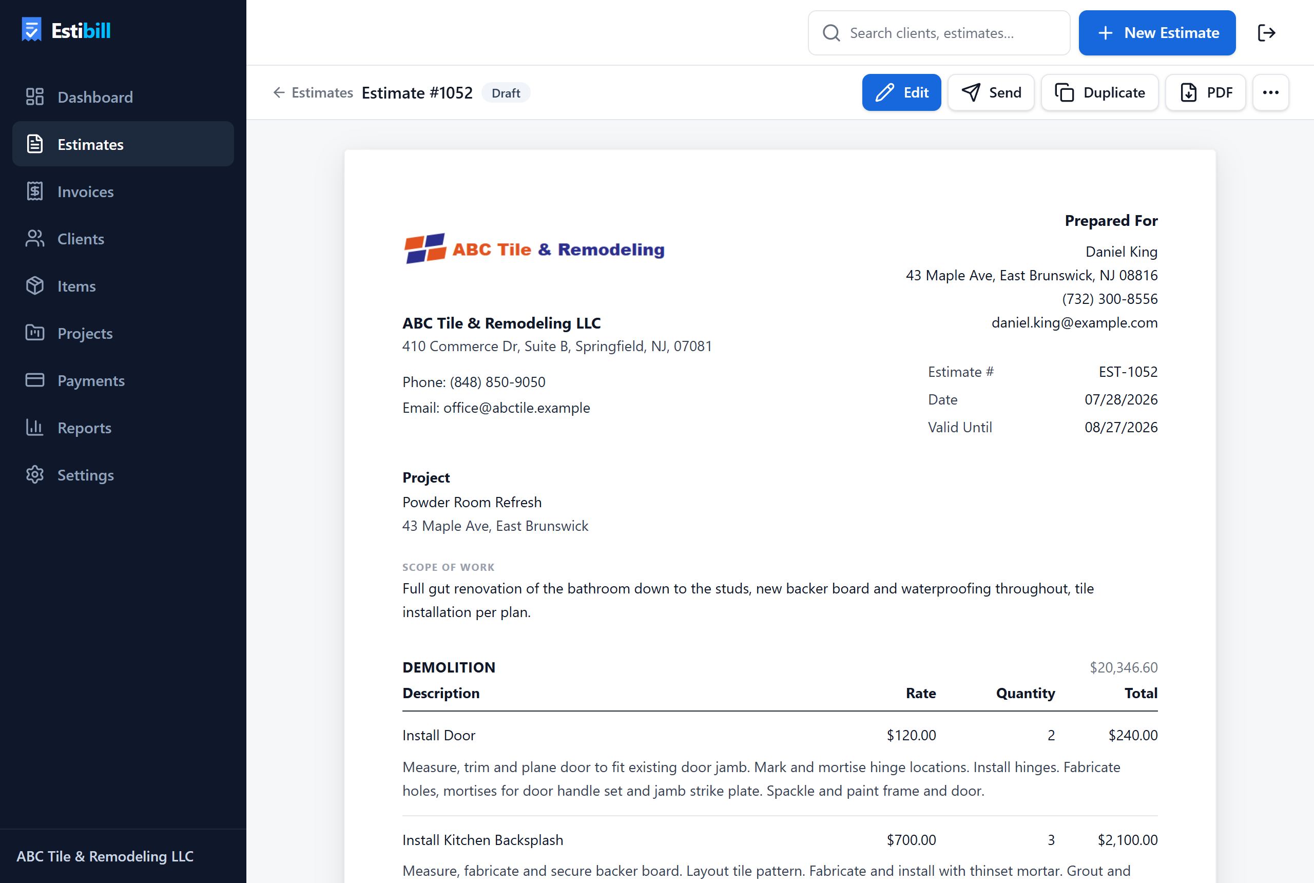 An estimate being edited in Estibill: sections, items, materials and totals